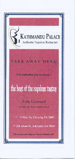 Scanned takeaway menu for Kathmandu Palace Restaurant