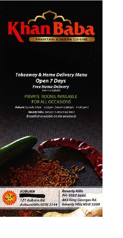 Scanned takeaway menu for Khan Baba