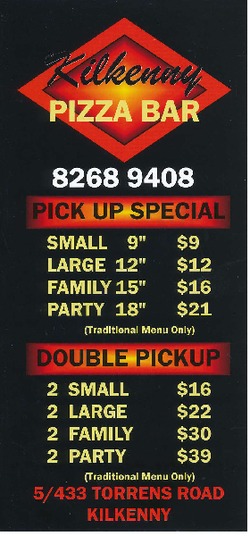 Scanned takeaway menu for Kilkenny Pizza Bar