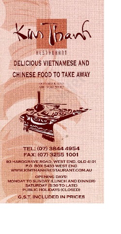 Scanned takeaway menu for Kim Thanh Restaurant