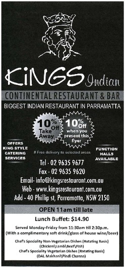 Scanned takeaway menu for Kings Indian Restaurant