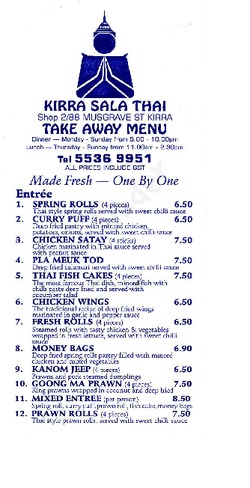 Scanned takeaway menu for Kirra Sala Thai