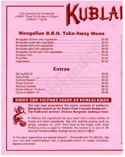 Scanned takeaway menu for Kublai Khan