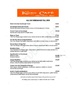 Scanned takeaway menu for Kush Cafe Neutral Bay
