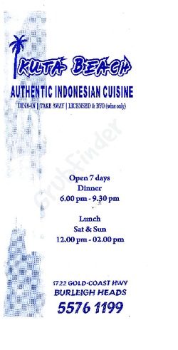 Scanned takeaway menu for Kuta Beach Indonesian Cuisine