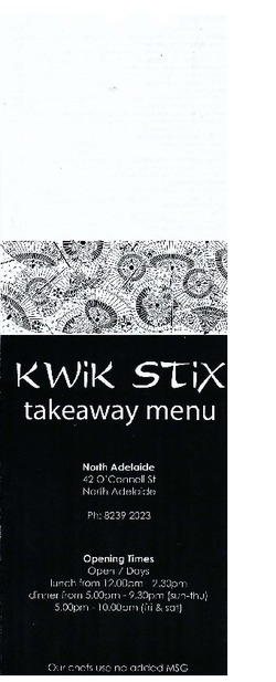 Scanned takeaway menu for Kwik Stix Restaurant