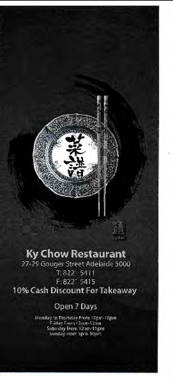 Scanned takeaway menu for Ky Chow Restaurant