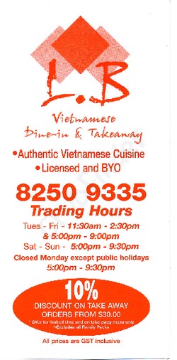 Scanned takeaway menu for L.B Vietnamese Dine -In And Takeaway