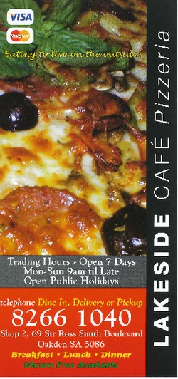 Scanned takeaway menu for Lakeside Cafe Pizzeria