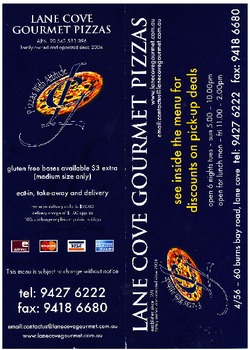 Scanned takeaway menu for Lane Cove Gourmet Pizzas