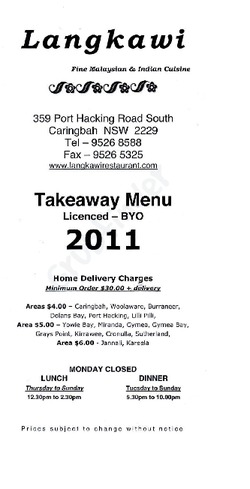 Scanned takeaway menu for Langkawi Restaurant