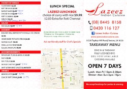Scanned takeaway menu for Lazeez Indian Cuisine