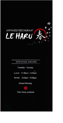 Scanned takeaway menu for Le Haru Japanese