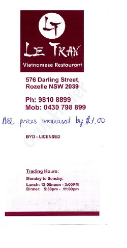 Scanned takeaway menu for Le Tran Vietnamese Restaurant