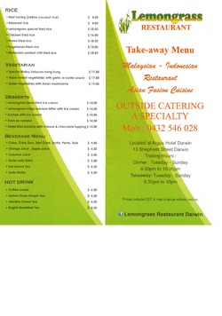 Scanned takeaway menu for Lemongrass Restaurant