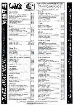 Scanned takeaway menu for Lim’s Chinese Restaurant