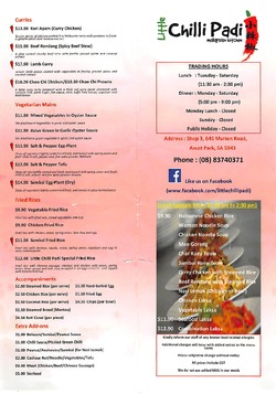 Scanned takeaway menu for Little Chilli Padi Malaysian Kitchen