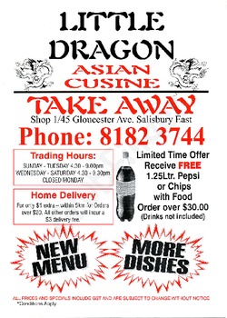 Scanned takeaway menu for Little Dragon Asian Takeaway