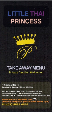 Scanned takeaway menu for Little Thai Princess