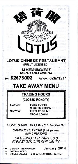 Scanned takeaway menu for Lotus Chinese Restaurant