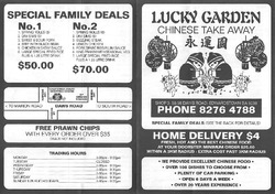 Scanned takeaway menu for Lucky Garden Chinese Take Away