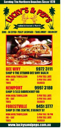 Scanned takeaway menu for Lucky’s & Pep’s Italian Restaurant & Pizzeria