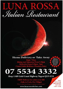 Scanned takeaway menu for Luna Rossa Italian