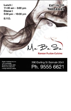 Scanned takeaway menu for Ma Ba Sa Korean Fusion Cuisine