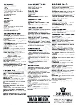 Scanned takeaway menu for Mad Greek