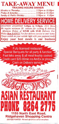 Scanned takeaway menu for Magic Wok Asian Restaurant