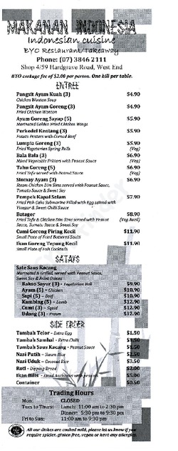 Scanned takeaway menu for Makanan Indonesia