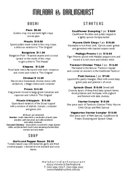 Scanned takeaway menu for Malabar Indian Restaurant