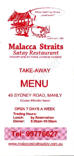 Scanned takeaway menu for Malacca Straits Satay Restaurant
