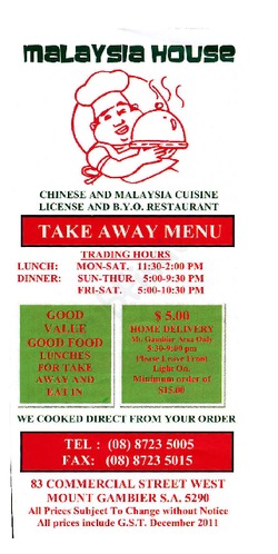Scanned takeaway menu for Malaysia House