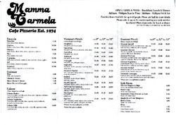 Scanned takeaway menu for Mamma Carmela Cafe Pizzeria