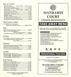 Scanned takeaway menu for Mandarin Court Chinese Restaurant