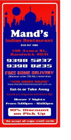 Scanned takeaway menu for Mand’s Indian Restaurant