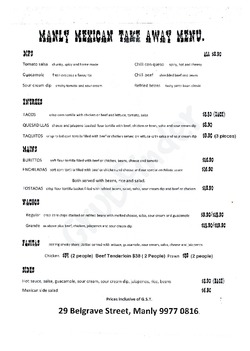 Scanned takeaway menu for Manly Mexican