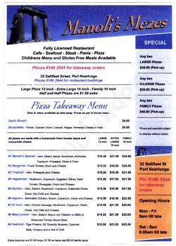 Scanned takeaway menu for Manolis Mezes & Mediterranean Cafe