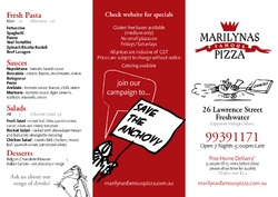 Scanned takeaway menu for Marilynas Famous Pizza