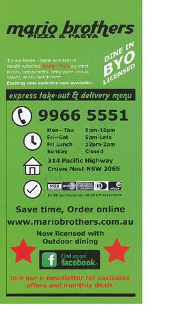 Scanned takeaway menu for Marios Brothers Pizza & Pasta