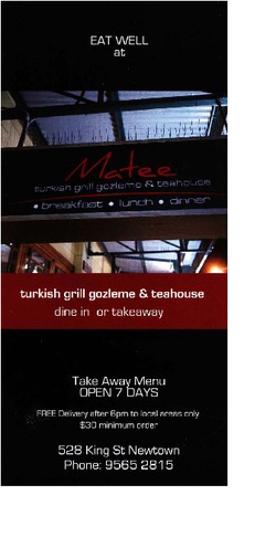 Scanned takeaway menu for Matee turkish grill gozleme & teahouse