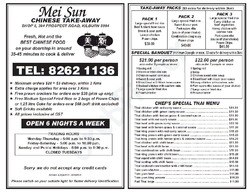 Scanned takeaway menu for Mei Sun Chinese Take Away