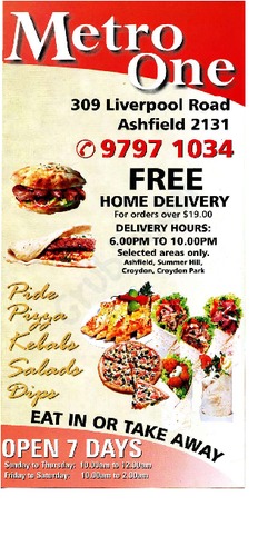Scanned takeaway menu for Metro One Kebab Pizza and Pide
