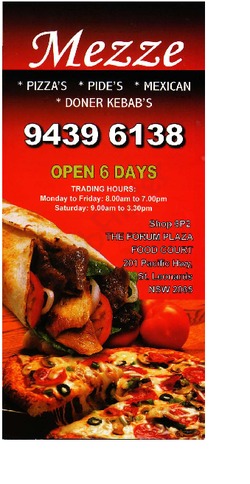 Scanned takeaway menu for Mezze