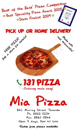 Scanned takeaway menu for Mia Pizza