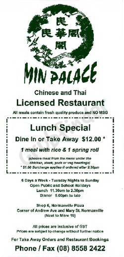 Scanned takeaway menu for Min Palace Chinese & Thai