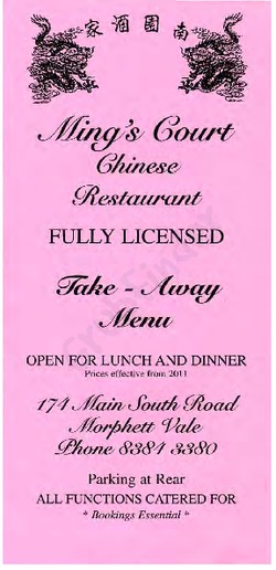 Scanned takeaway menu for Mings Court Chinese Restaurant