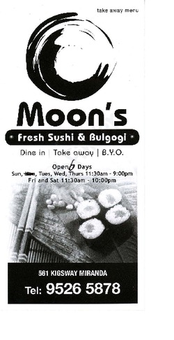 Scanned takeaway menu for Moon’s Sushi