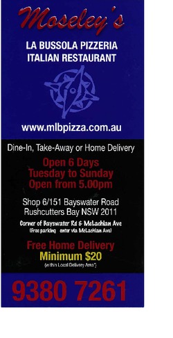 Scanned takeaway menu for Moseley’s La Bussola Pizzeria